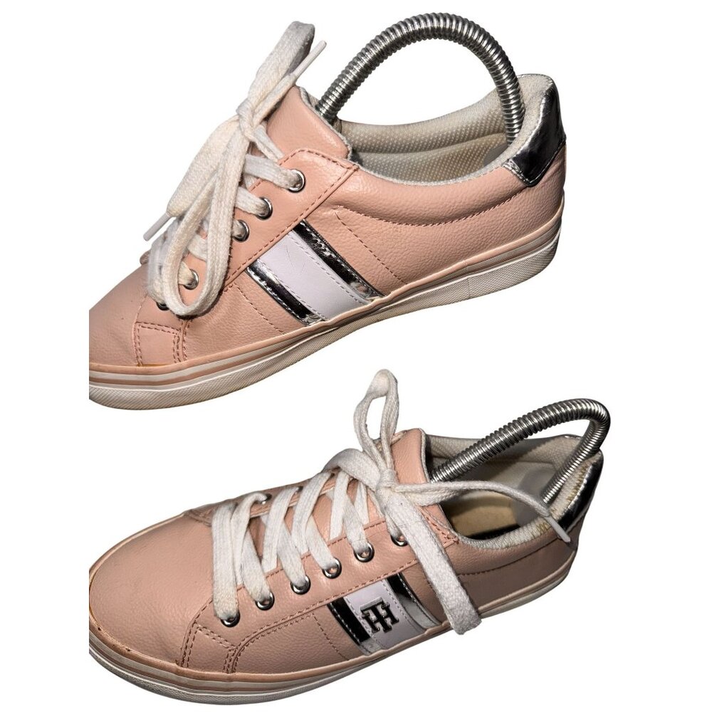 Tommy Hilfiger Womens Pink Leather Sneakers With White Laces & Metallic Accents - Picture 3 of 10